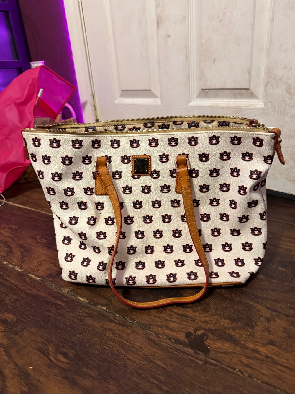 Dooney & Bourke White Auburn Logo Tote with Tan Leather Trim